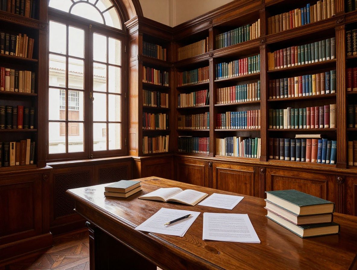 Vista interior de una biblioteca académica clásica colombiana con estanterías de madera oscura repletas de libros, luz cálida filtrada por ventanas altas de cristal, mesa de lectura con papeles y pluma, atmósfera de estudio profundo e investigación intelectual