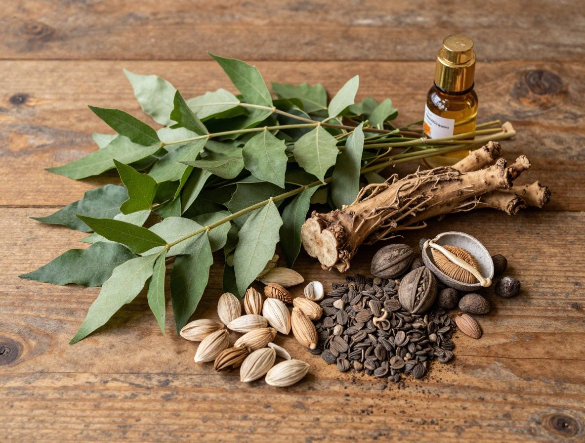 Colección de ingredientes naturales sobre una superficie de madera envejecida: raíces, hojas verdes secas, semillas y extractos botánicos dispuestos artísticamente con luz dramática lateral que acentúa sus texturas