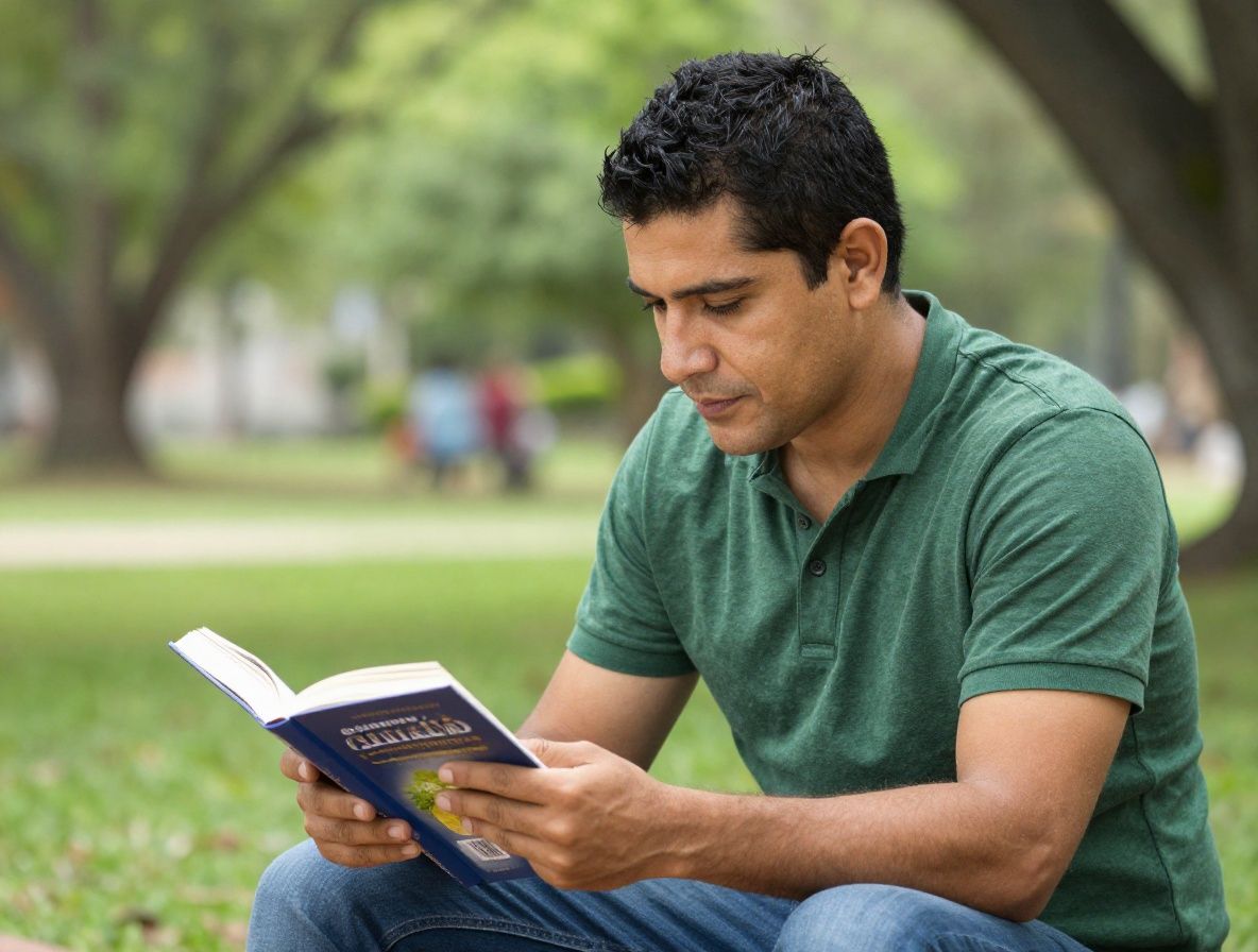 Hombre colombiano de unos 48 años con expresión serena, sentado en un parque con luz natural suave, leyendo un libro sobre bienestar y nutrición, rodeado de vegetación verde