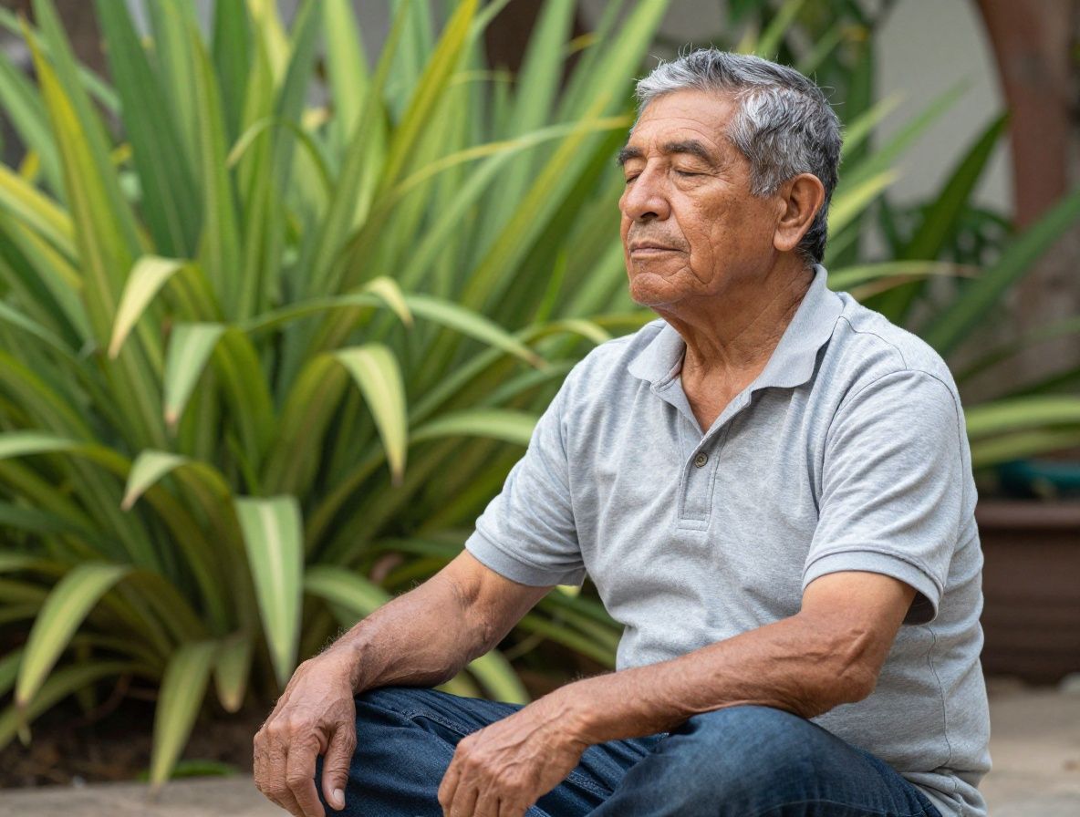 Hombre colombiano de unos 55 años meditando al amanecer en un jardín con plantas verdes exuberantes, sentado en posición relajada con los ojos cerrados y luz dorada sobre su rostro